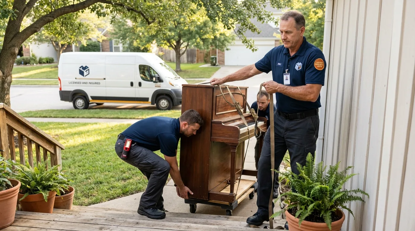 Licensed piano movers securing grand piano in North Richland Hills, TX