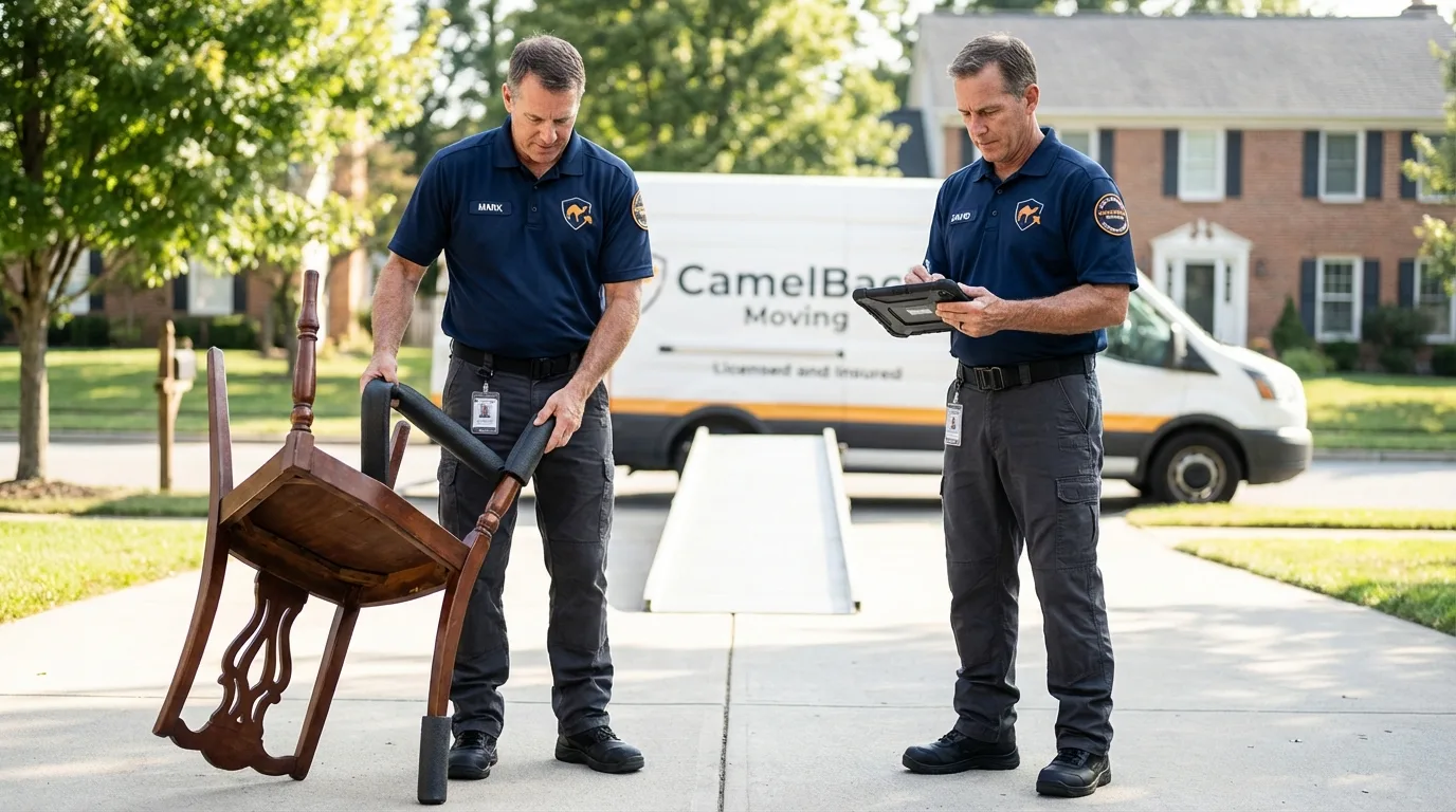 Movers inspecting furniture for damage prevention before loading in North Richland Hills, TX