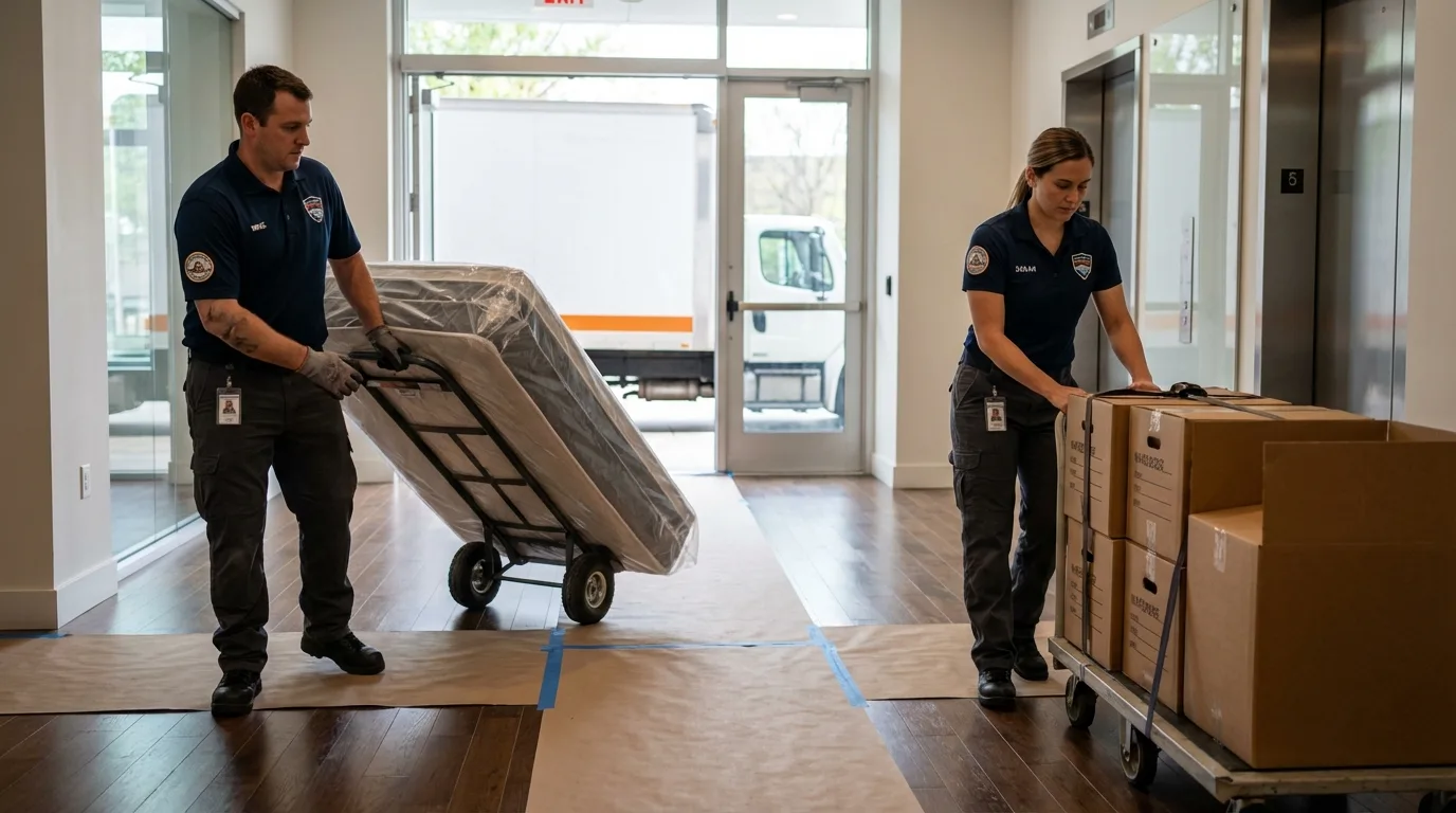 Professional apartment movers loading elevator in North Richland Hills, TX