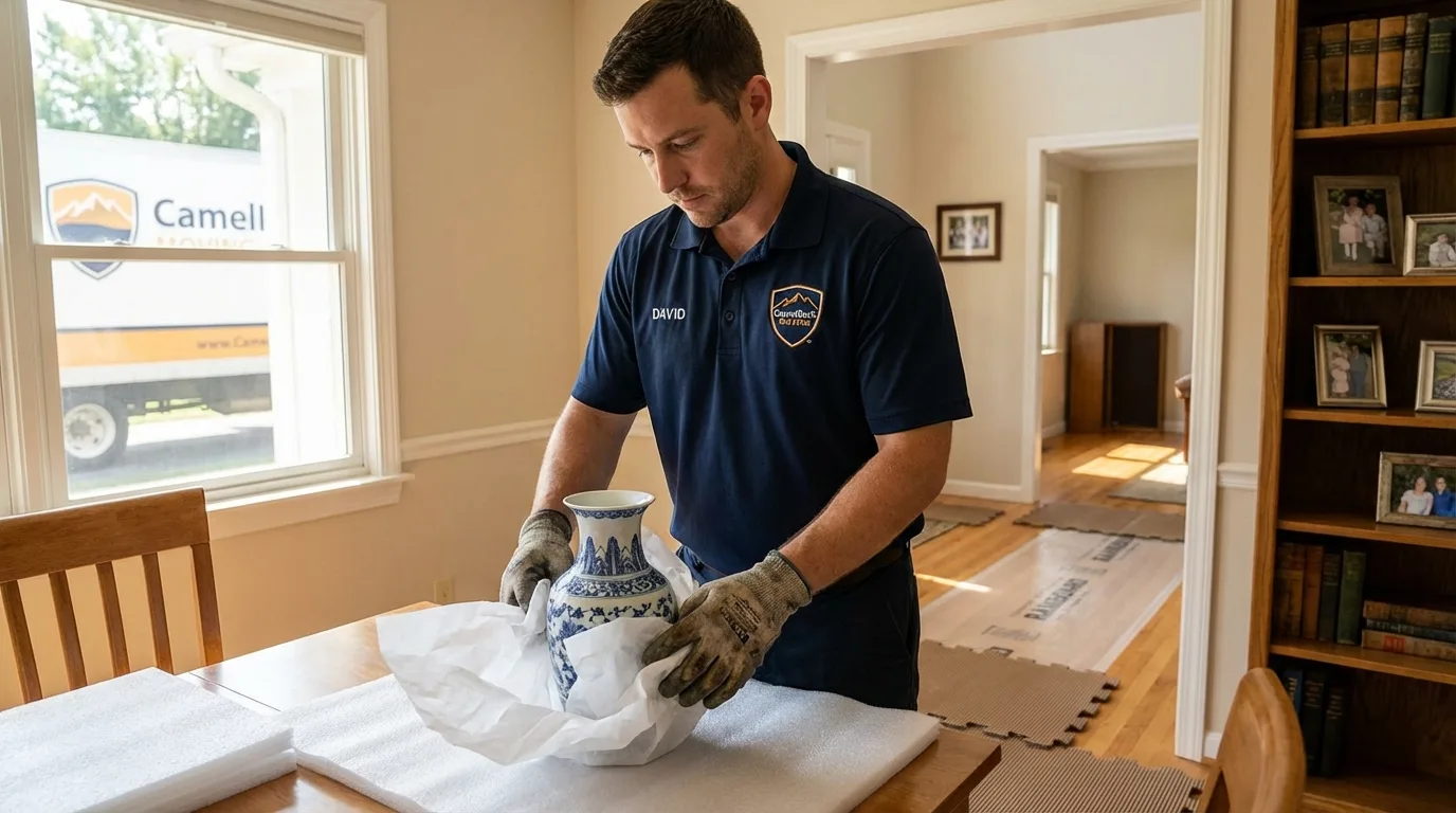 Professional crew carefully wrapping antique vase for senior downsizing move in North Richland Hills, TX